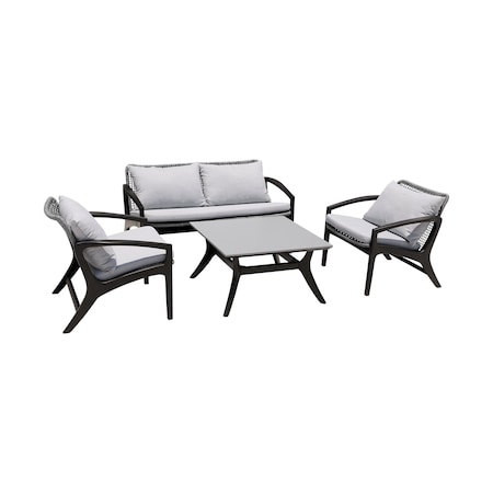 Armen Living Brighton 4 Piece Outdoor Patio Seating Set in Dark Eucalyptus Wood with Gray Rope and White Cushions 840254336100